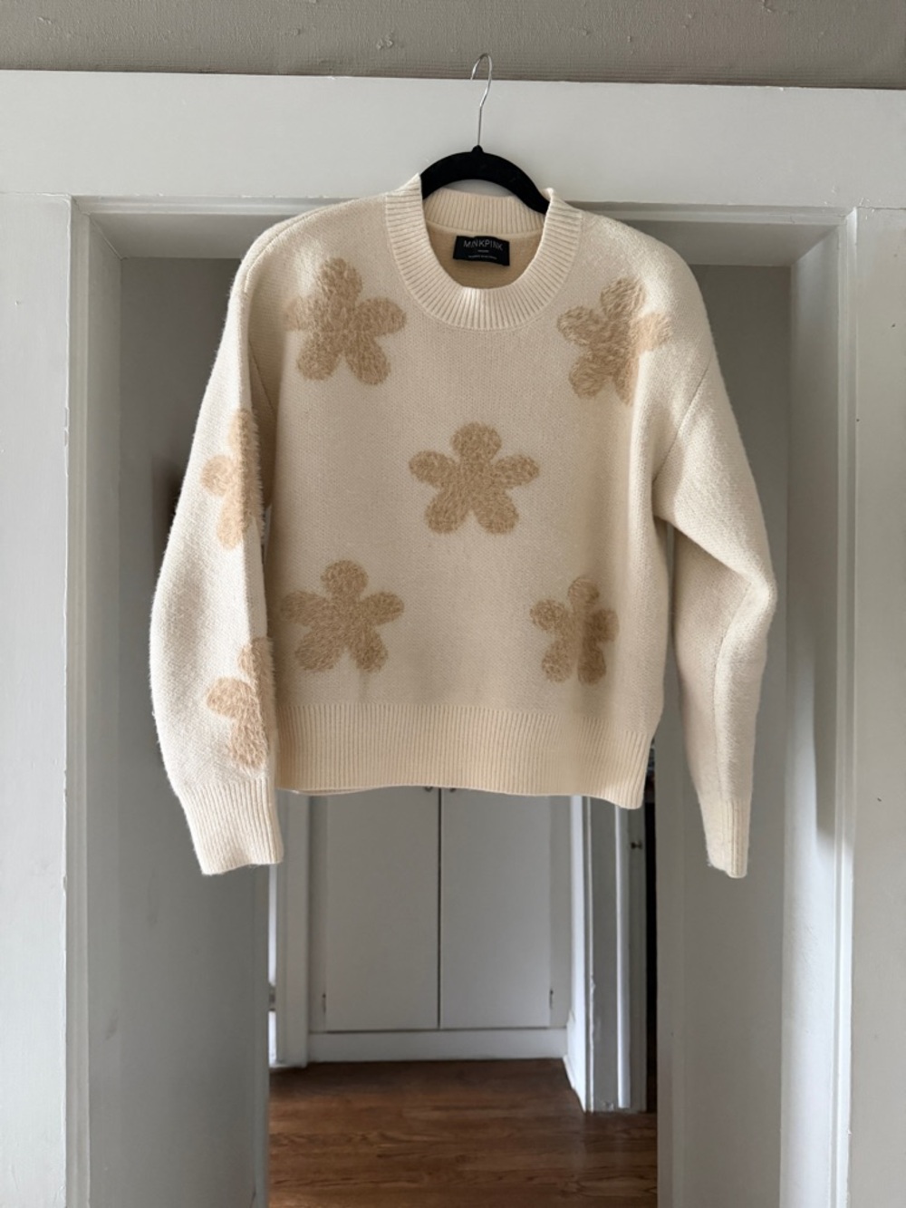 MINKPINK Cream Crewneck Sweater with Tan Floral Motif